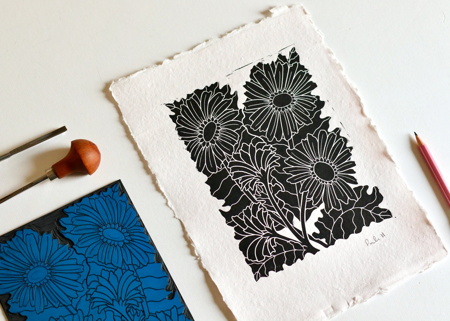 Joy Bloom Gerbera Daisies Linocut | Hand printed on A4 Cotton Rag Paper