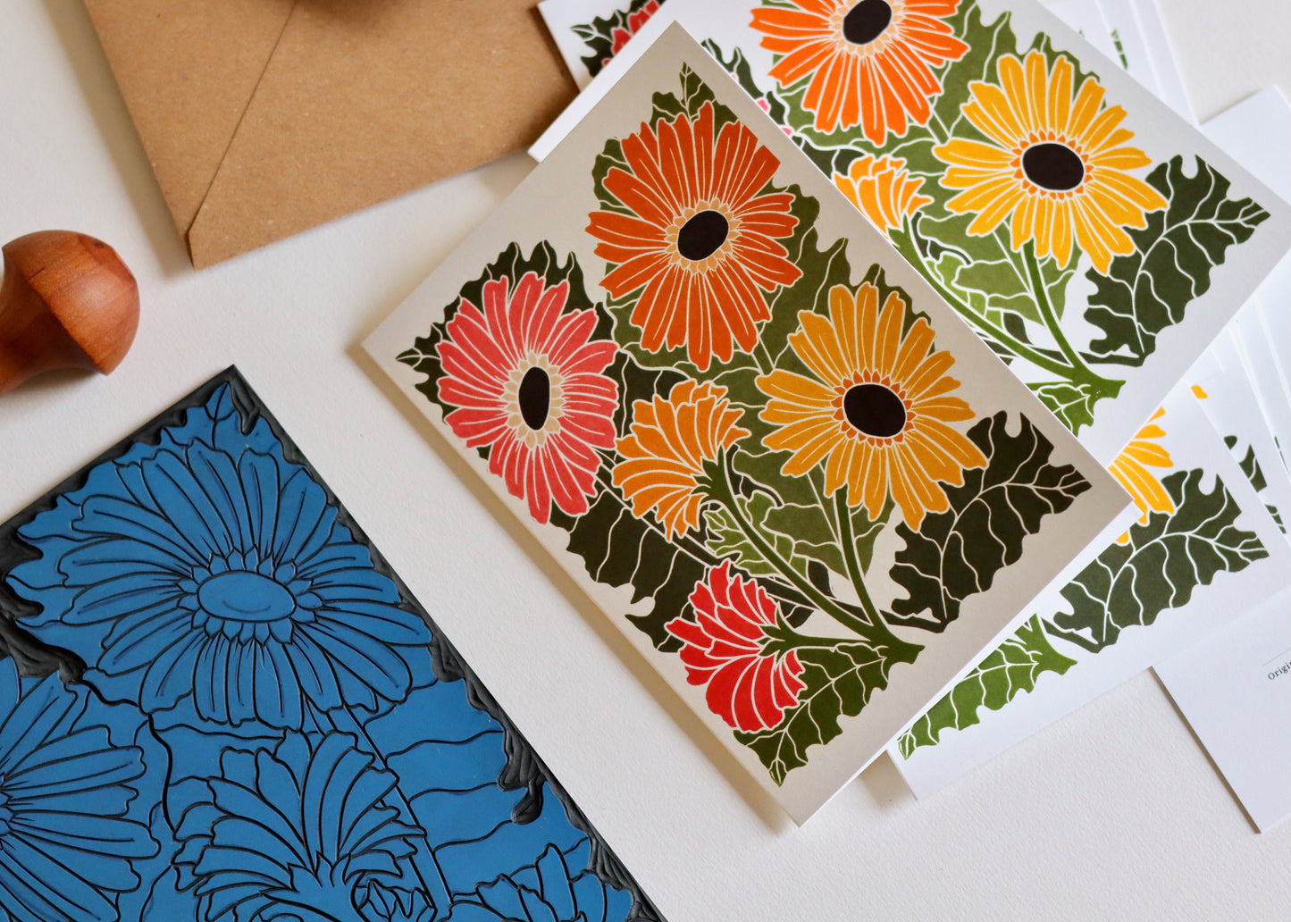 Linocut Joy Bloom Gerbera Daisies Cards | Set of 8 Notecards & Envelopes