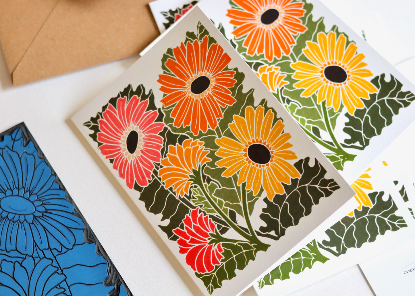 Linocut Joy Bloom Gerbera Daisies Cards | Set of 8 Notecards & Envelopes