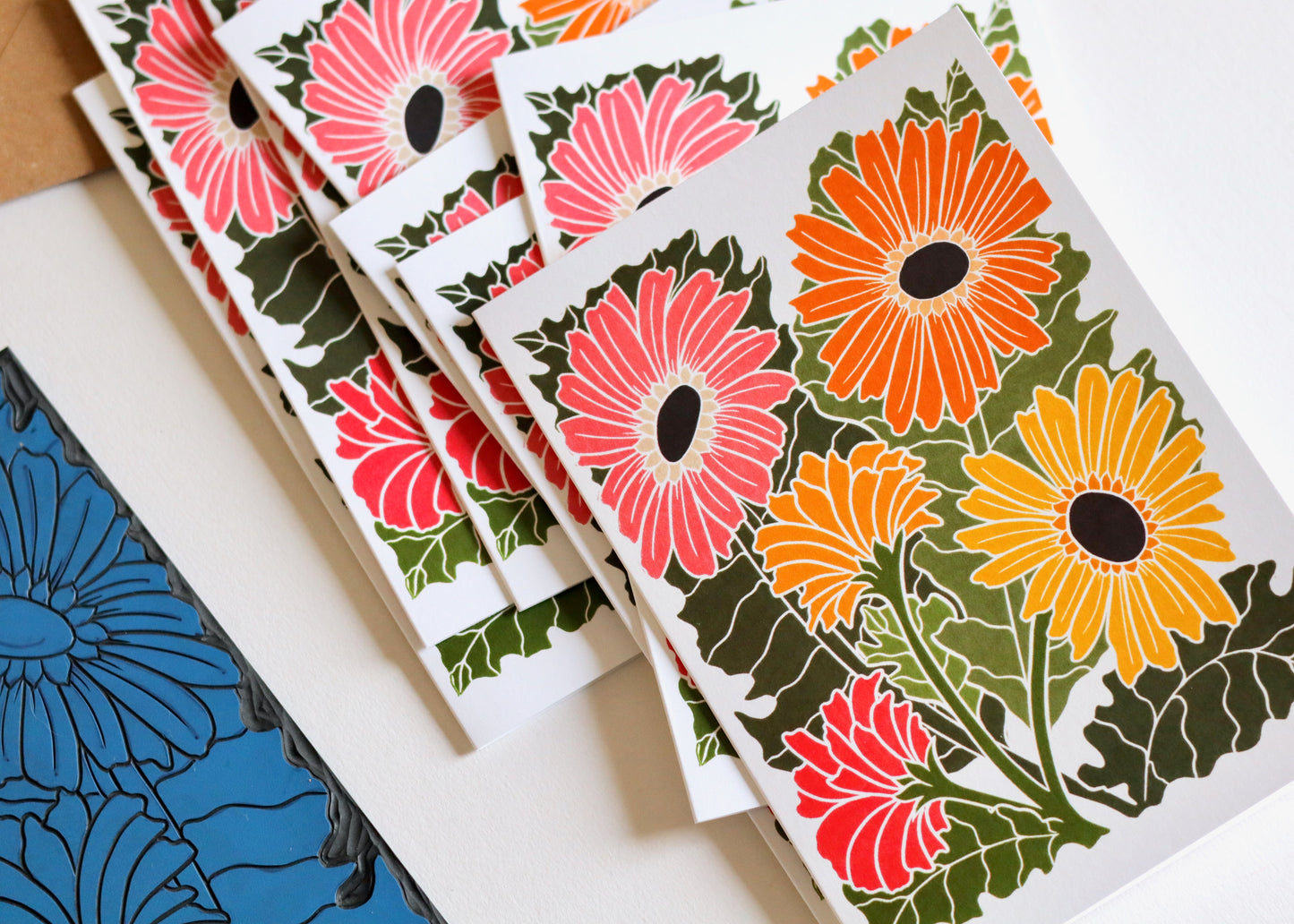 Linocut Joy Bloom Gerbera Daisies Cards | Set of 8 Notecards & Envelopes