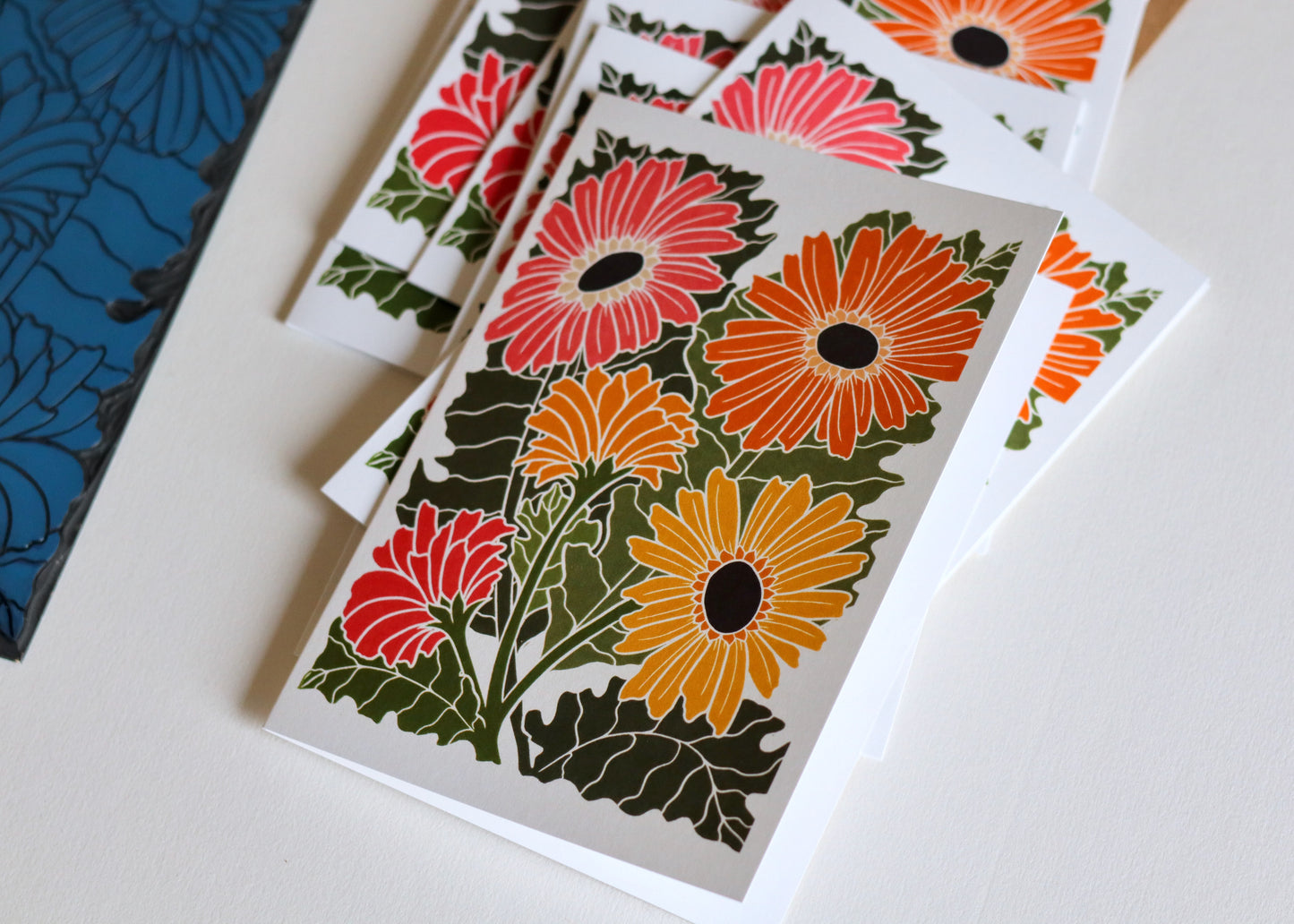 Linocut Joy Bloom Gerbera Daisies Cards | Set of 8 Notecards & Envelopes