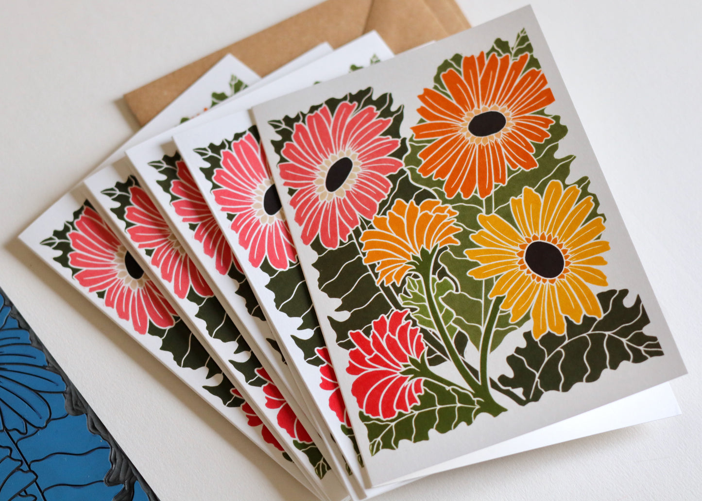 Linocut Joy Bloom Gerbera Daisies Cards | Set of 8 Notecards & Envelopes