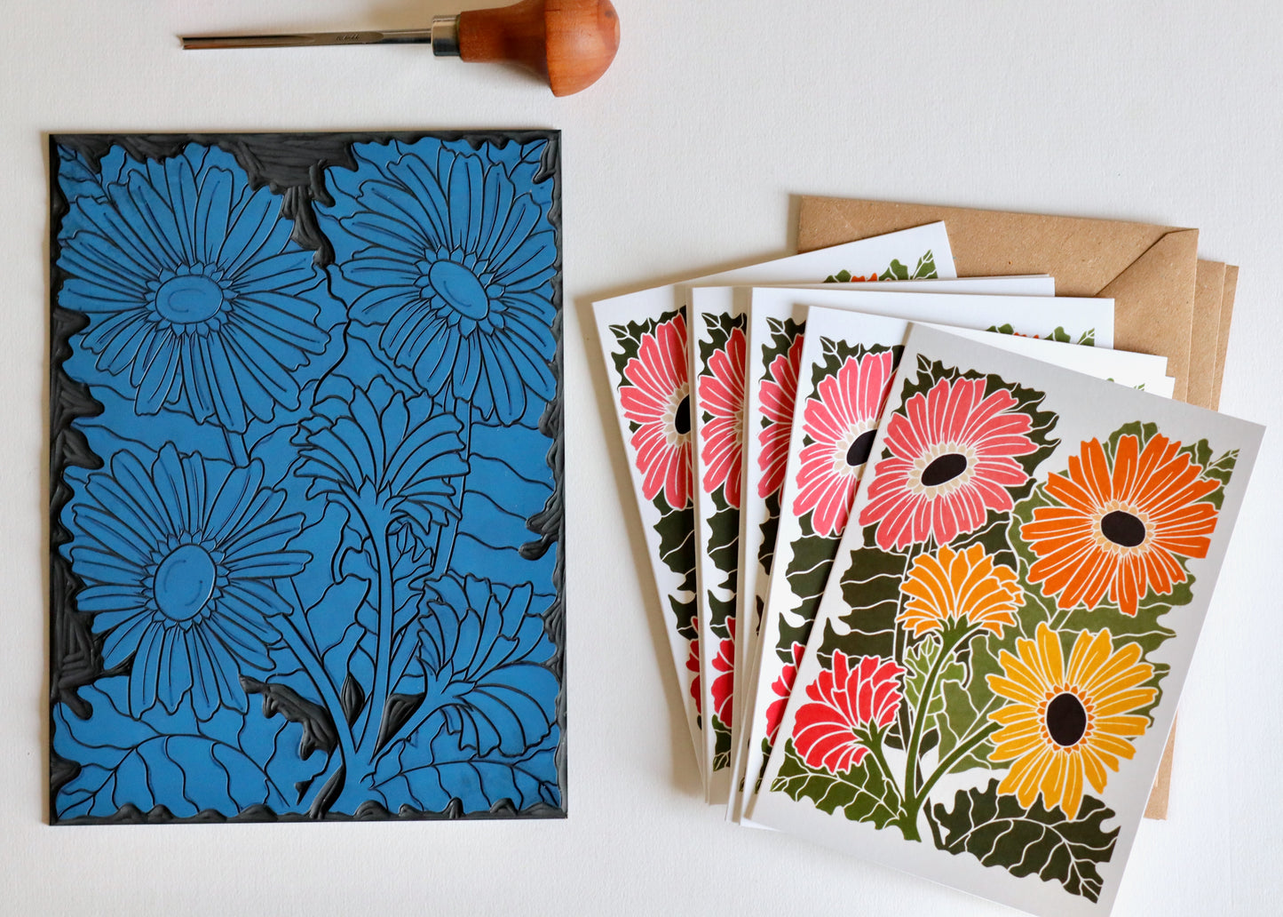 Linocut Joy Bloom Gerbera Daisies Cards | Set of 8 Notecards & Envelopes