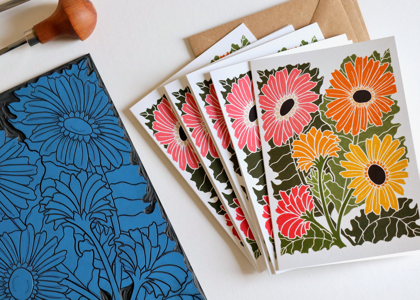 Linocut Joy Bloom Gerbera Daisies Cards | Set of 8 Notecards & Envelopes