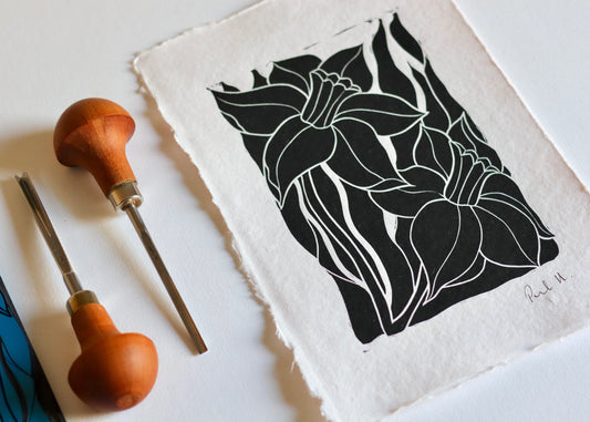 Welsh Daffodils Linocut Print | Handprinted A5 Art Print on Cotton Rag Paper