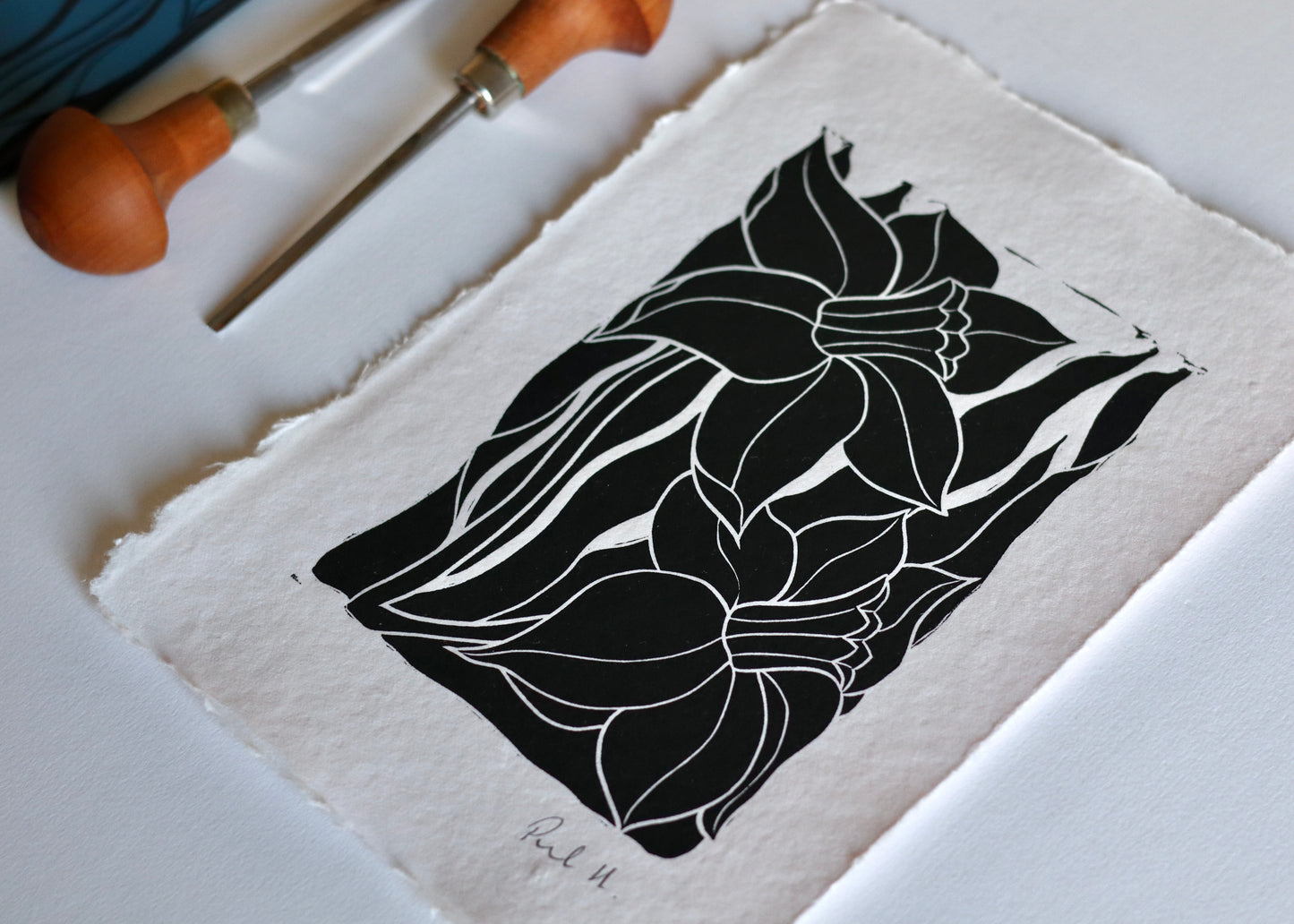 Welsh Daffodils Linocut Print | Handprinted A5 Art Print on Cotton Rag Paper