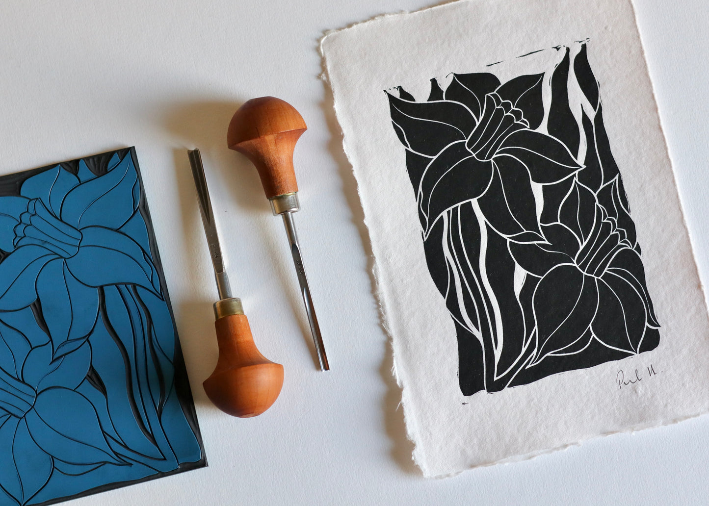 Welsh Daffodils Linocut Print | Handprinted A5 Art Print on Cotton Rag Paper