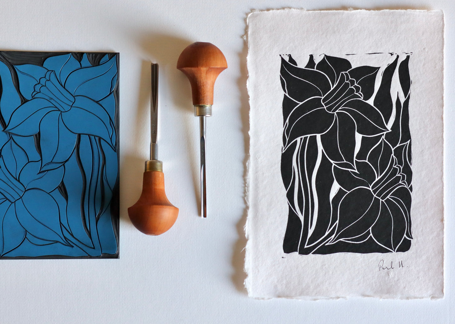 Welsh Daffodils Linocut Print | Handprinted A5 Art Print on Cotton Rag Paper