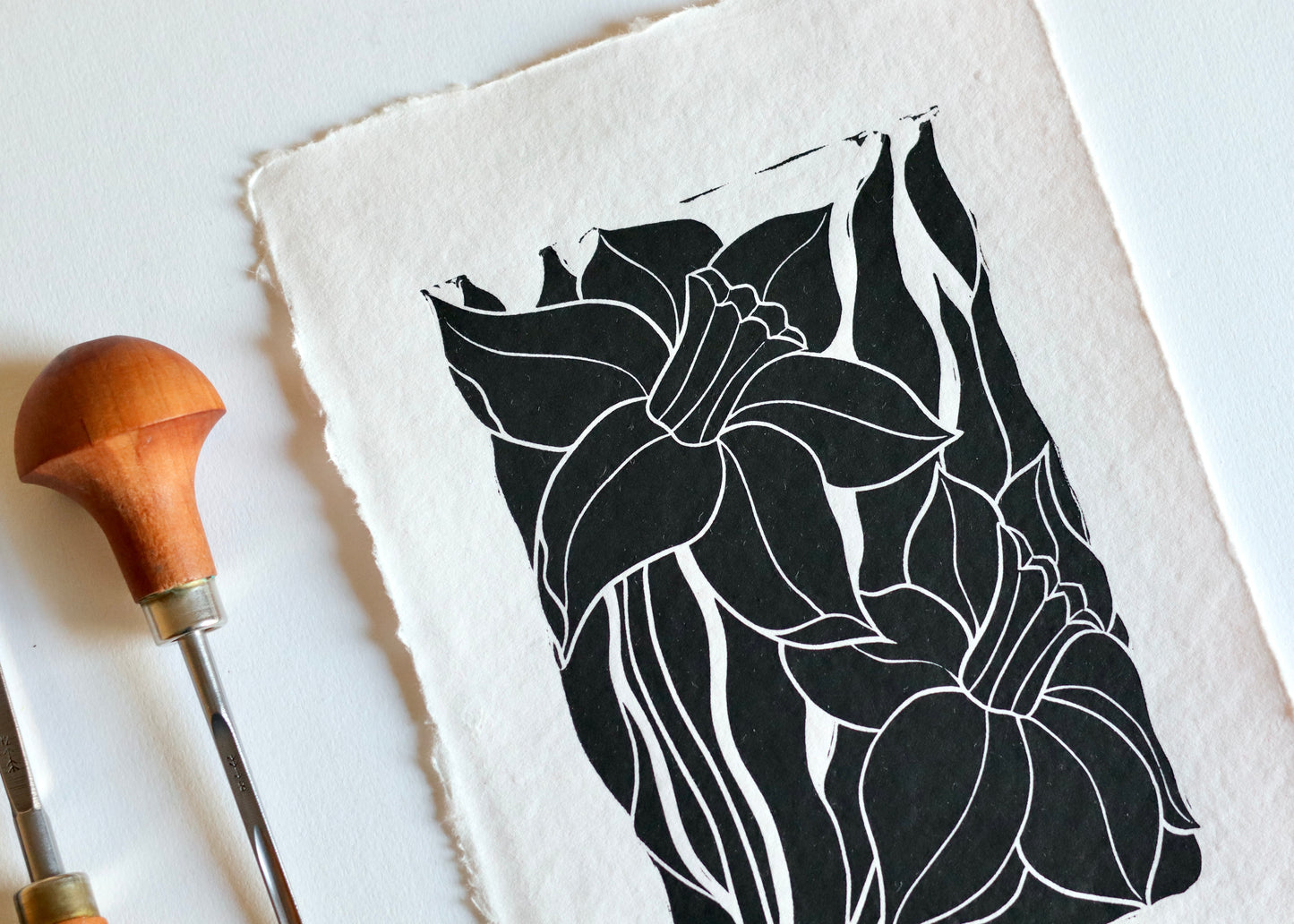 Welsh Daffodils Linocut Print | Handprinted A5 Art Print on Cotton Rag Paper