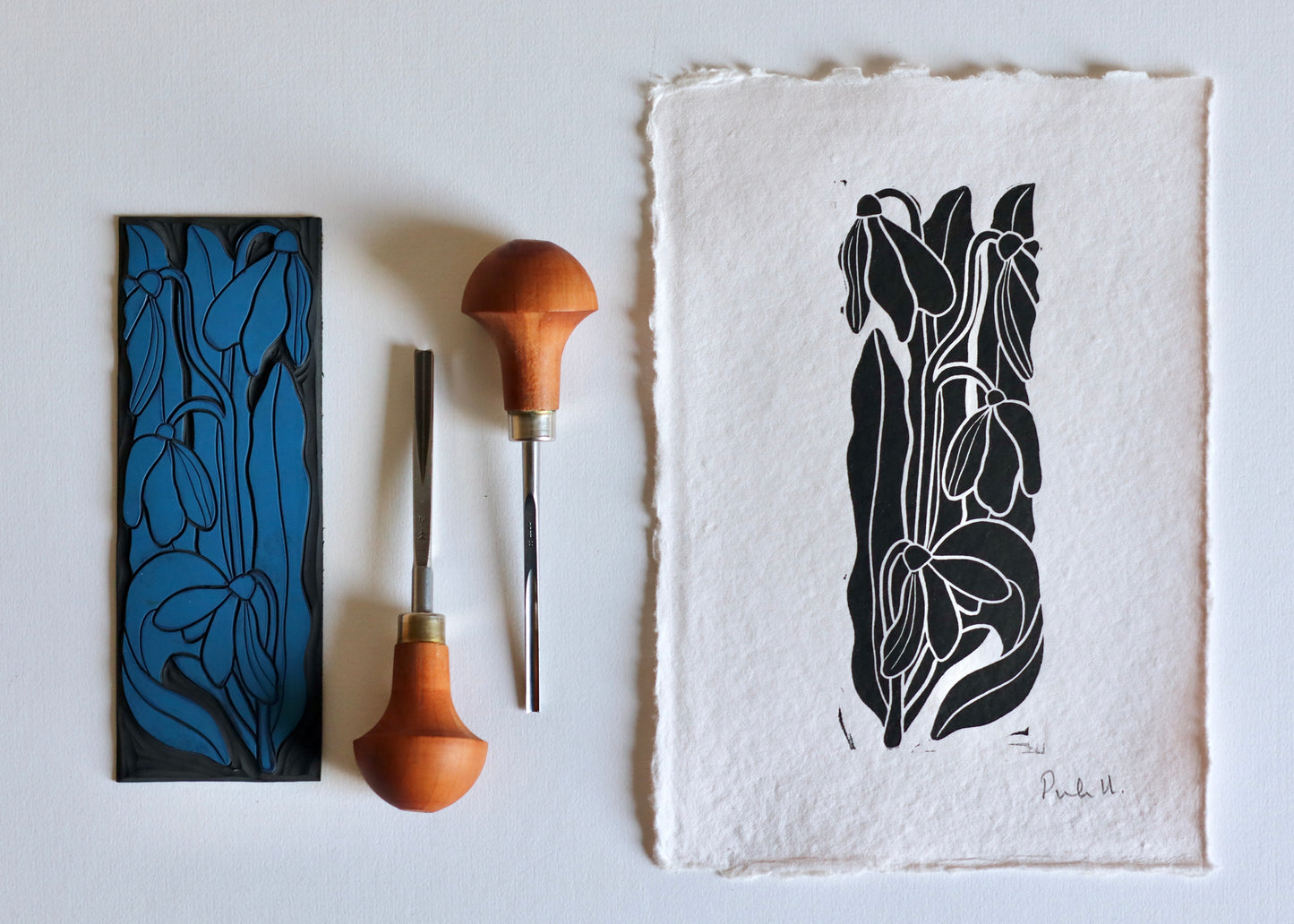 Little Snowdrops Linocut Print | Handprinted A5 Art Print on Cotton Rag Paper