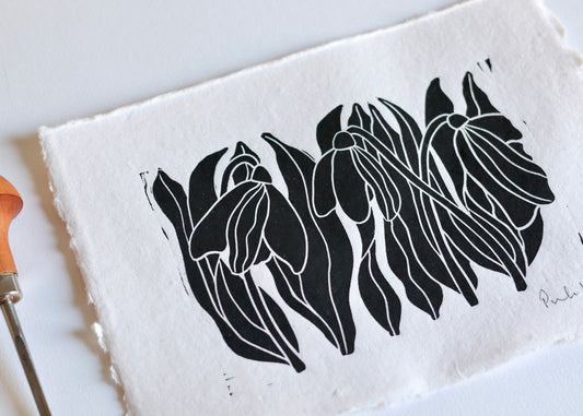 Snowdrops Linocut Print | Handprinted A5 Art Print on Cotton Rag Paper