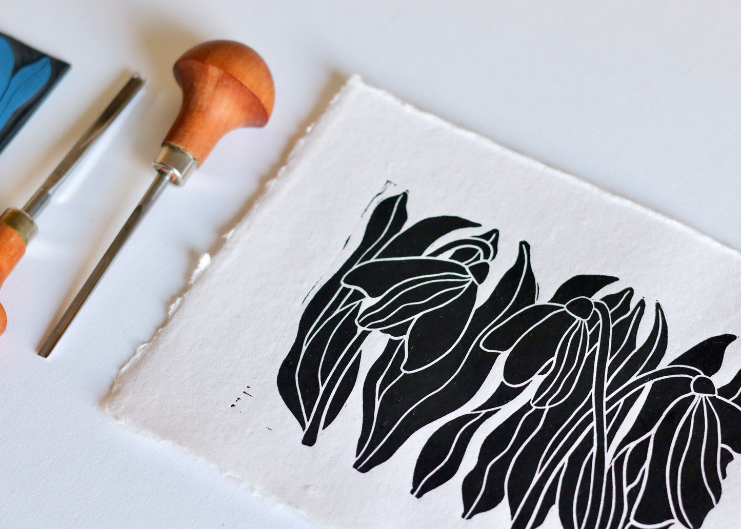 Snowdrops Linocut Print | Handprinted A5 Art Print on Cotton Rag Paper