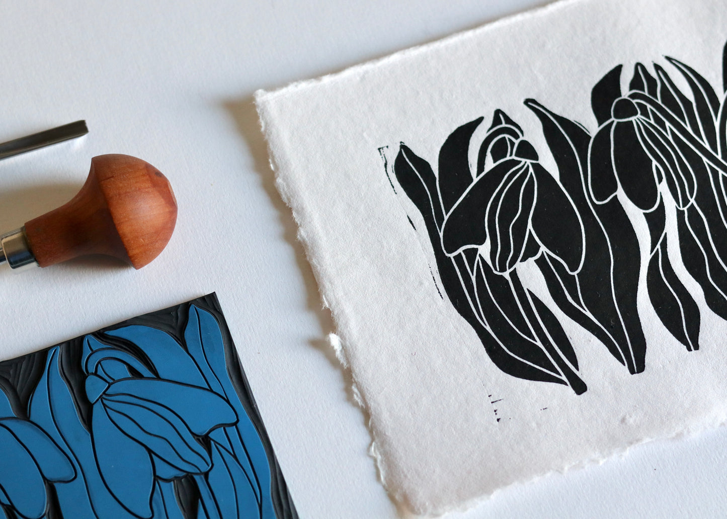 Snowdrops Linocut Print | Handprinted A5 Art Print on Cotton Rag Paper