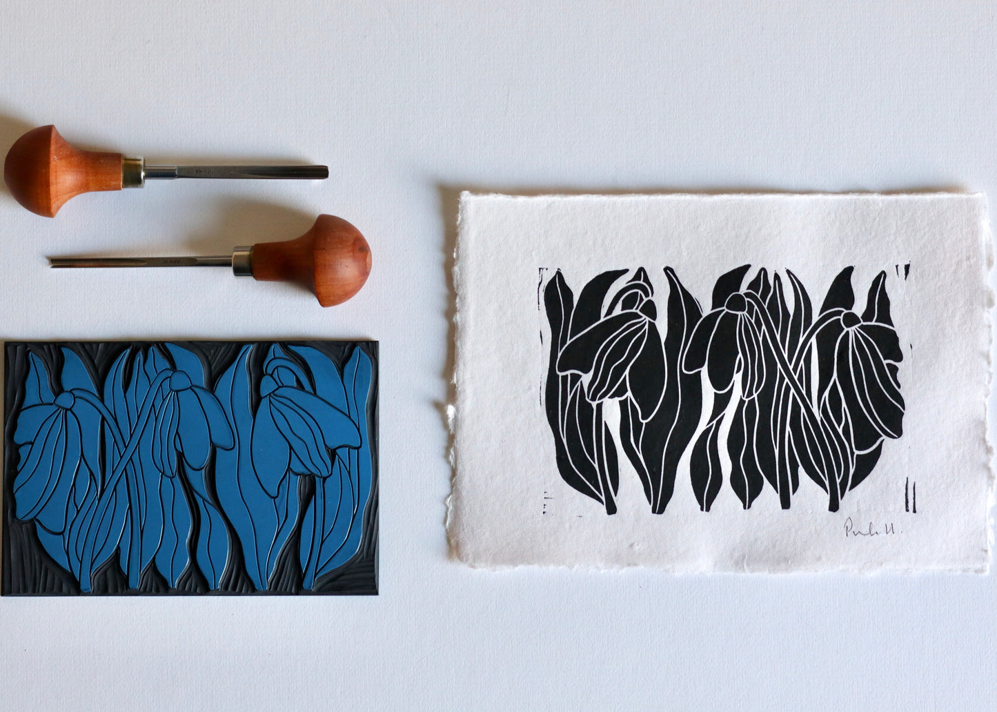 Snowdrops Linocut Print | Handprinted A5 Art Print on Cotton Rag Paper