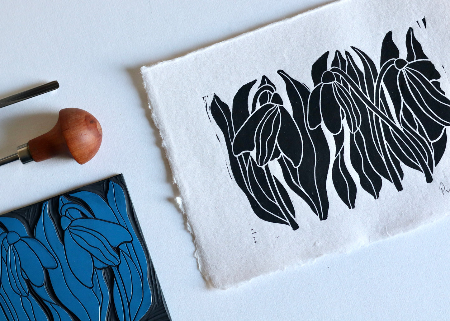 Snowdrops Linocut Print | Handprinted A5 Art Print on Cotton Rag Paper