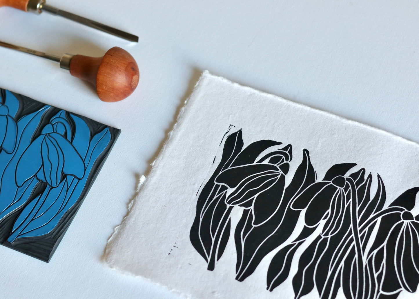 Snowdrops Linocut Print | Handprinted A5 Art Print on Cotton Rag Paper