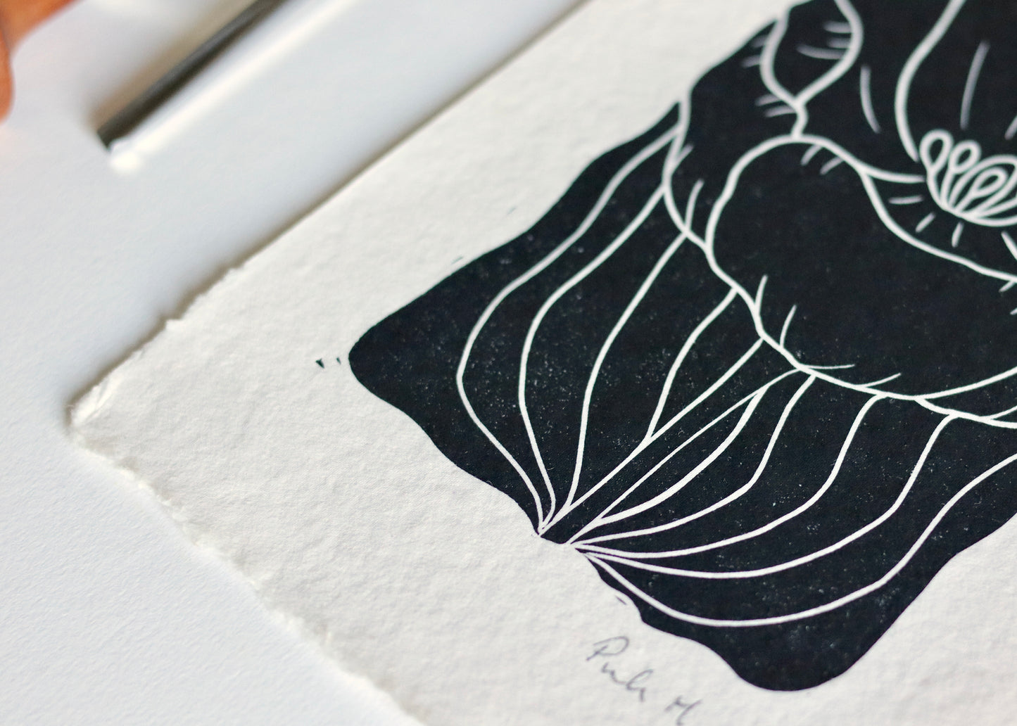 Tulip in Bloom Linocut Print | Handprinted A5 Art Print on Cotton Rag Paper