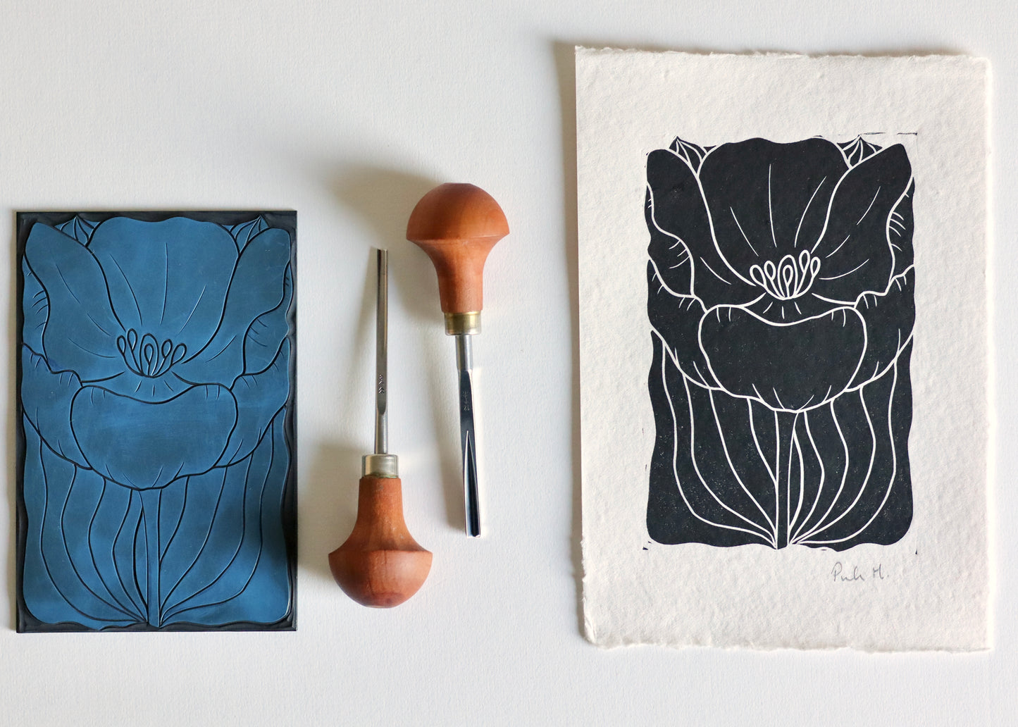 Tulip in Bloom Linocut Print | Handprinted A5 Art Print on Cotton Rag Paper