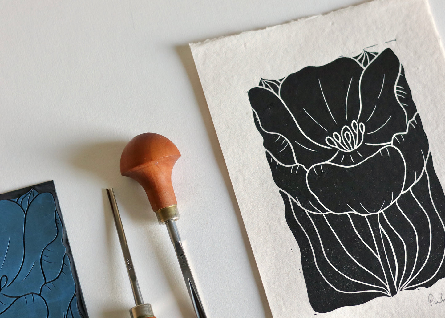 Tulip in Bloom Linocut Print | Handprinted A5 Art Print on Cotton Rag Paper