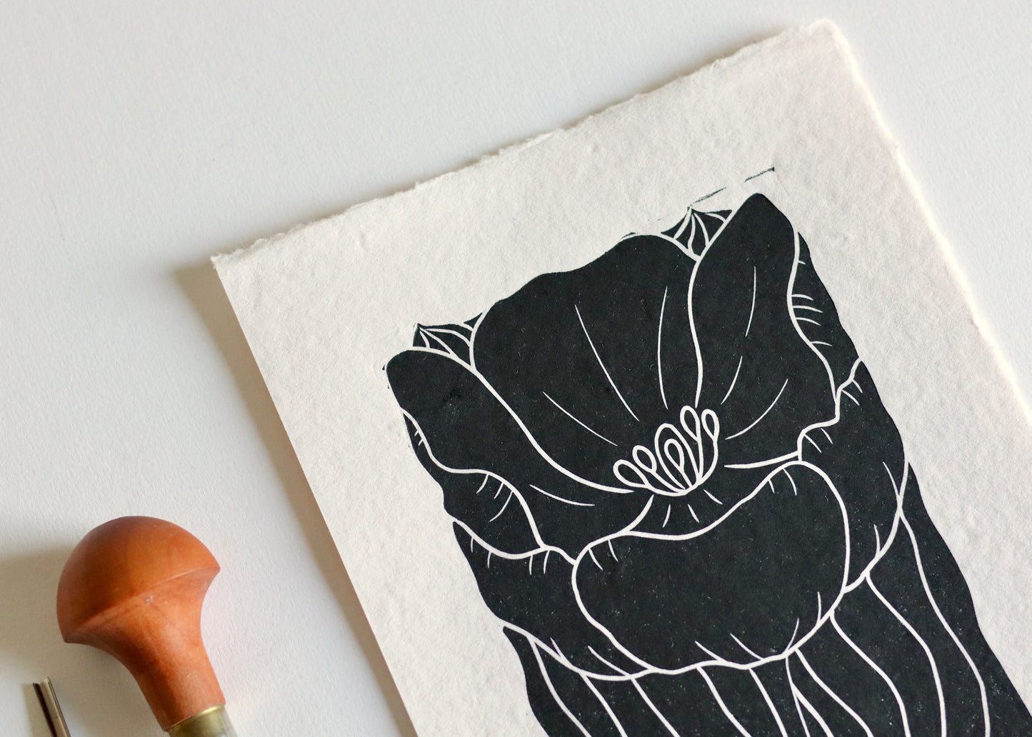 Tulip in Bloom Linocut Print | Handprinted A5 Art Print on Cotton Rag Paper