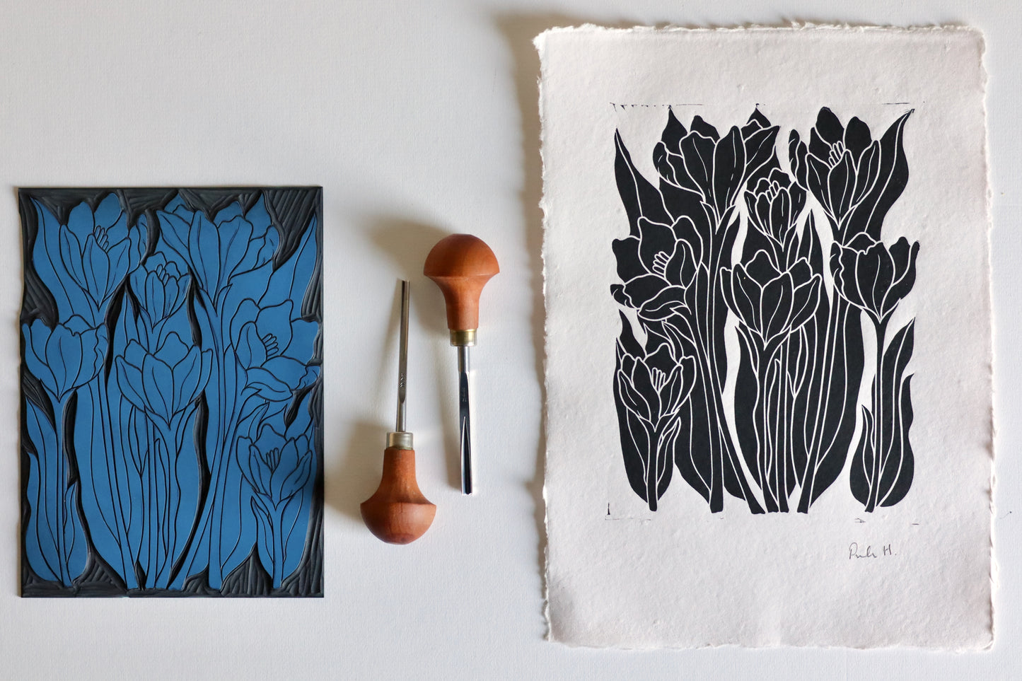 Joy Bloom Crocus Flowers Linocut | Hand printed on A4 Cotton Rag Paper