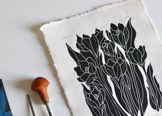 Joy Bloom Crocus Flowers Linocut | Hand printed on A4 Cotton Rag Paper