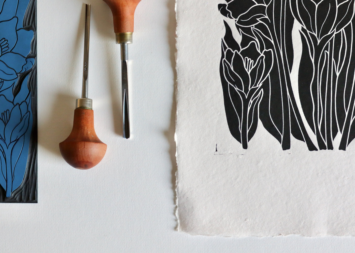 Joy Bloom Crocus Flowers Linocut | Hand printed on A4 Cotton Rag Paper