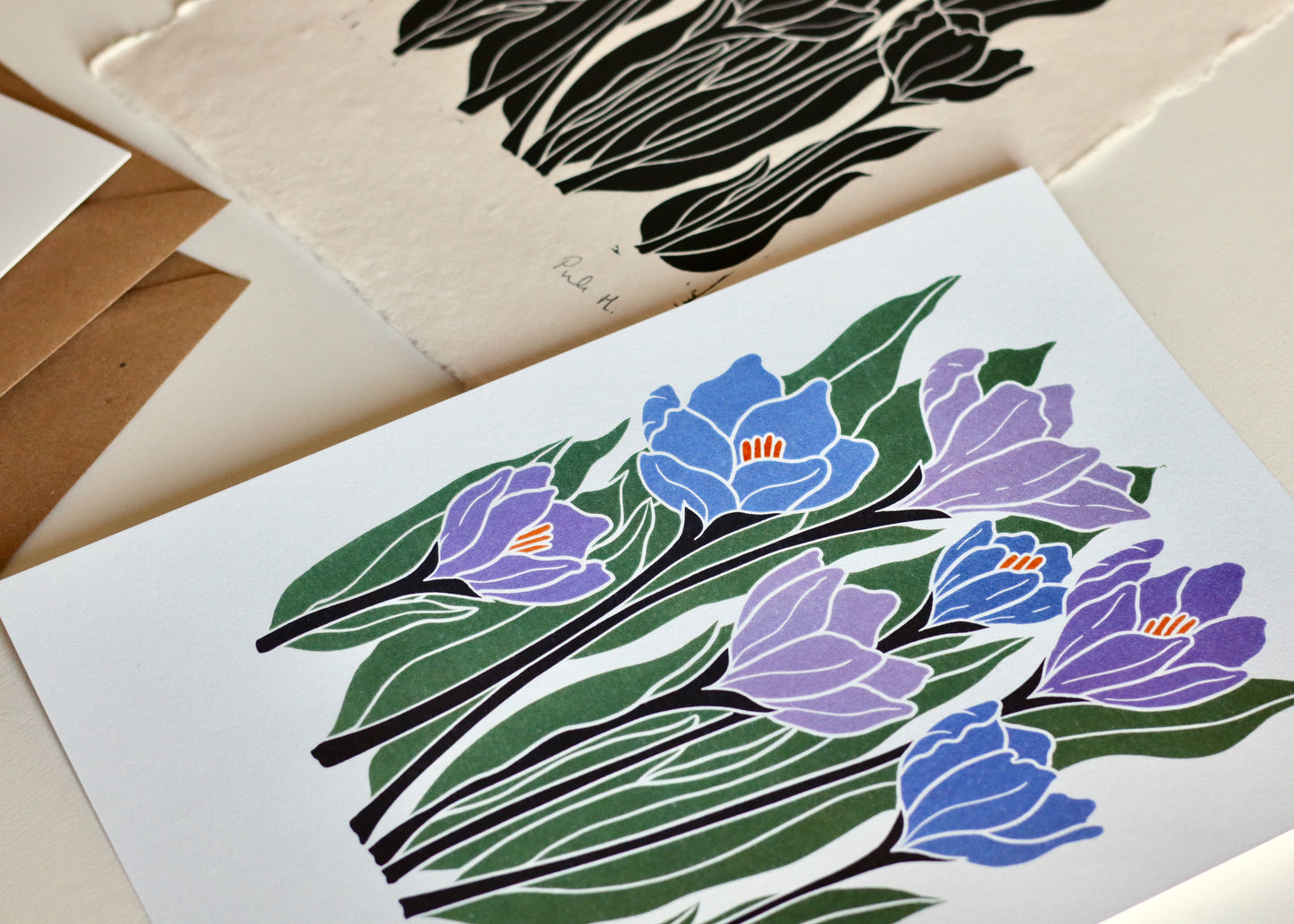 Joy Bloom Crocus Flowers Linocut | A5 or A4 Art Print on Cotton Paper