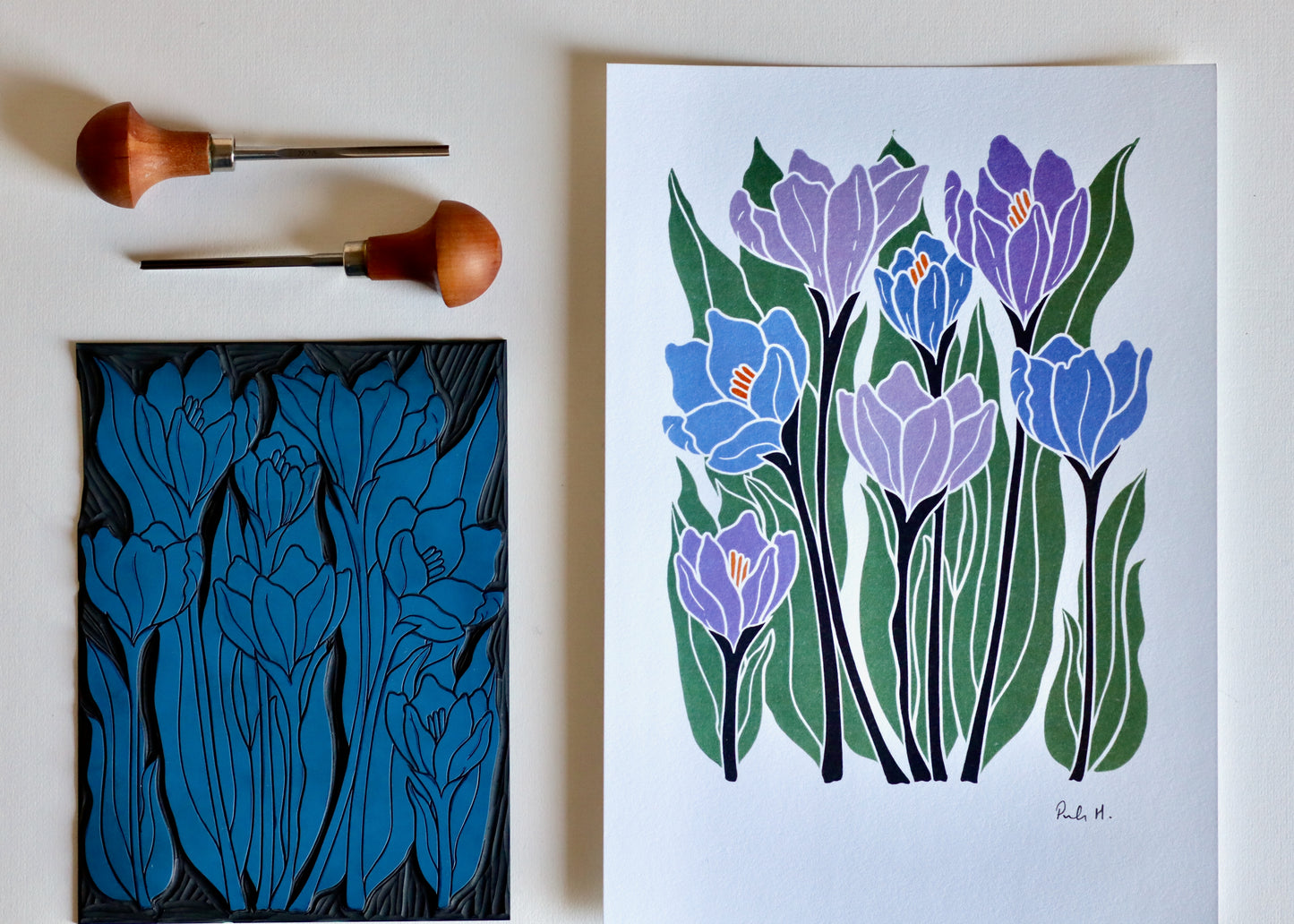 Joy Bloom Crocus Flowers Linocut | A5 or A4 Art Print on Cotton Paper