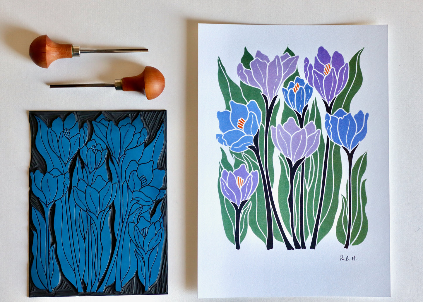 Joy Bloom Crocus Flowers Linocut | A5 or A4 Art Print on Cotton Paper