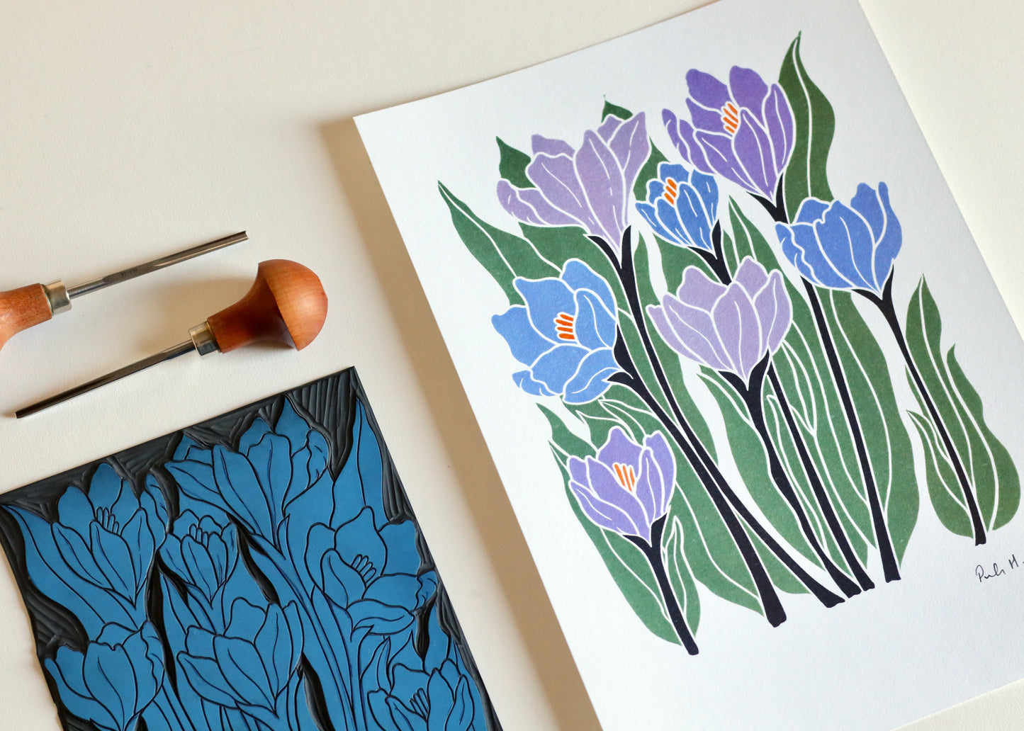 Joy Bloom Crocus Flowers Linocut | A5 or A4 Art Print on Cotton Paper