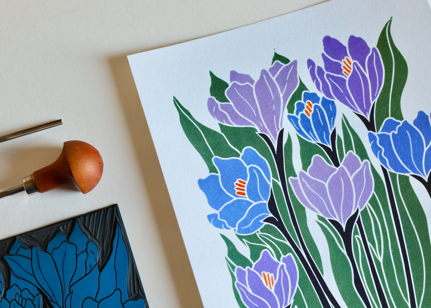 Joy Bloom Crocus Flowers Linocut | A5 or A4 Art Print on Cotton Paper