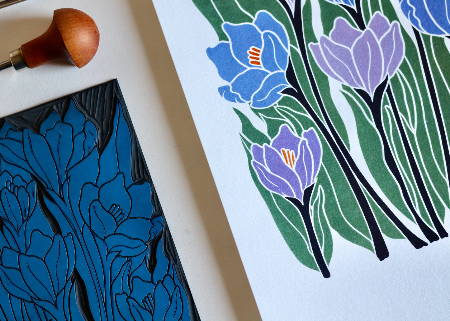 Joy Bloom Crocus Flowers Linocut | A5 or A4 Art Print on Cotton Paper