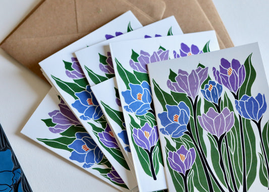 Linocut Joy Bloom Crocus Flowers Cards | Set of 8 Notecards & Envelopes