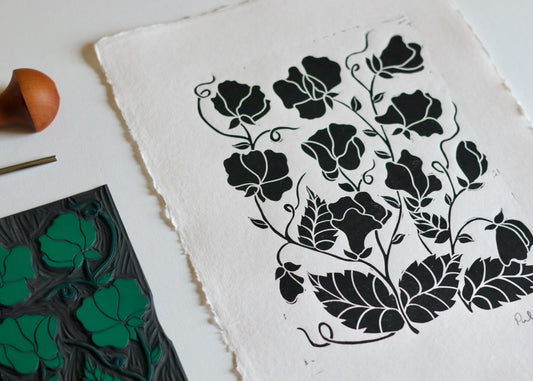 Joy Bloom Sweet Peas Linocut | Hand printed on Cotton Rag Paper