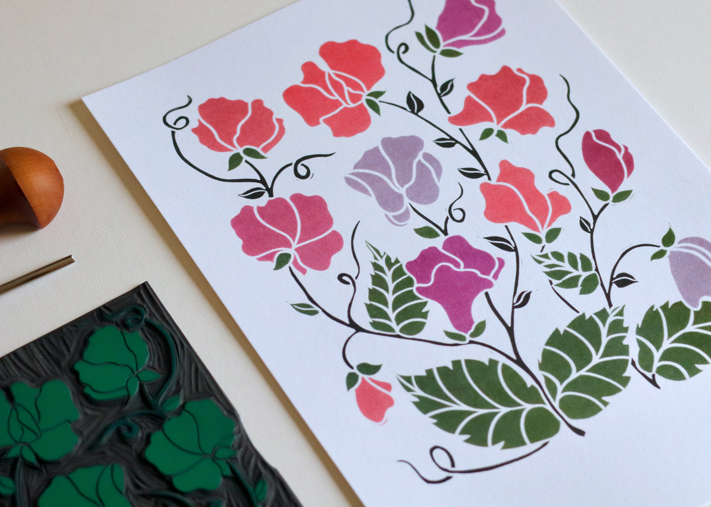 Joy Bloom Sweet Peas Linocut | A5 or A4 Art Print on Cotton Paper