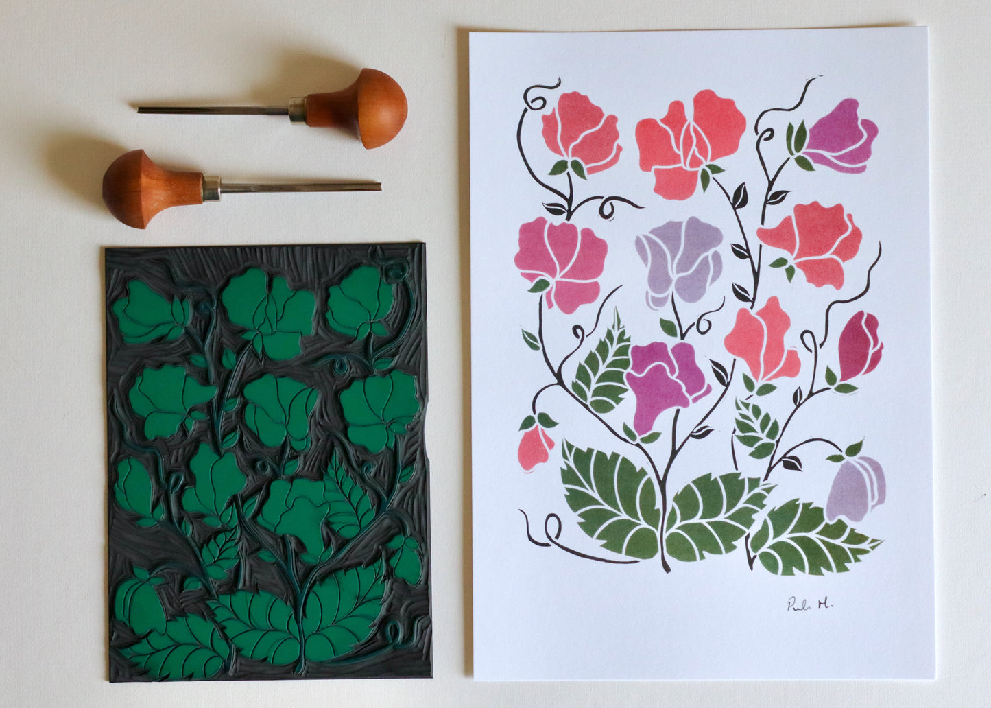 Joy Bloom Sweet Peas Linocut | A5 or A4 Art Print on Cotton Paper