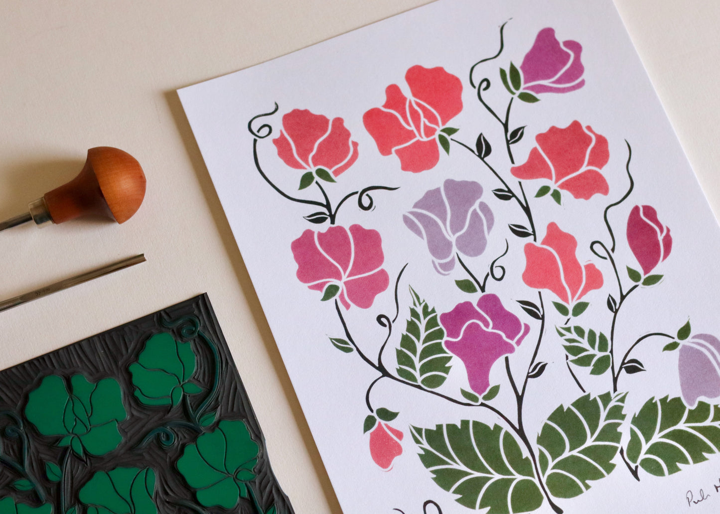 Joy Bloom Sweet Peas Linocut | A5 or A4 Art Print on Cotton Paper