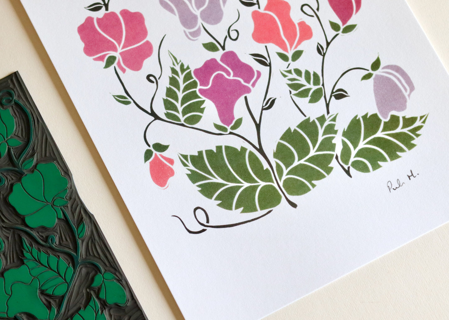 Joy Bloom Sweet Peas Linocut | A5 or A4 Art Print on Cotton Paper