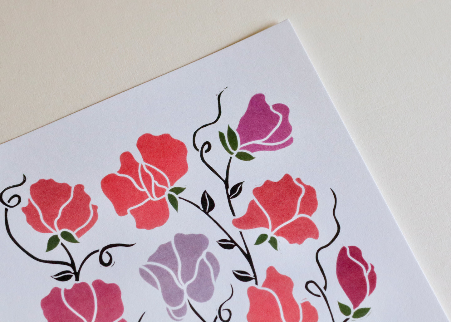 Joy Bloom Sweet Peas Linocut | A5 or A4 Art Print on Cotton Paper