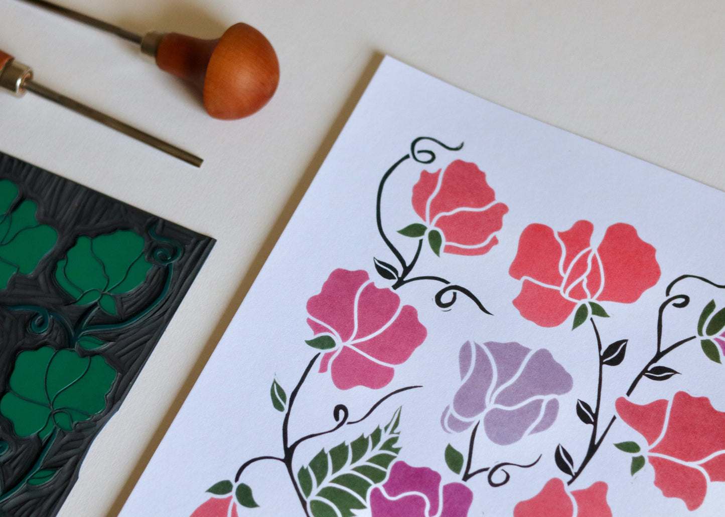 Joy Bloom Sweet Peas Linocut | A5 or A4 Art Print on Cotton Paper