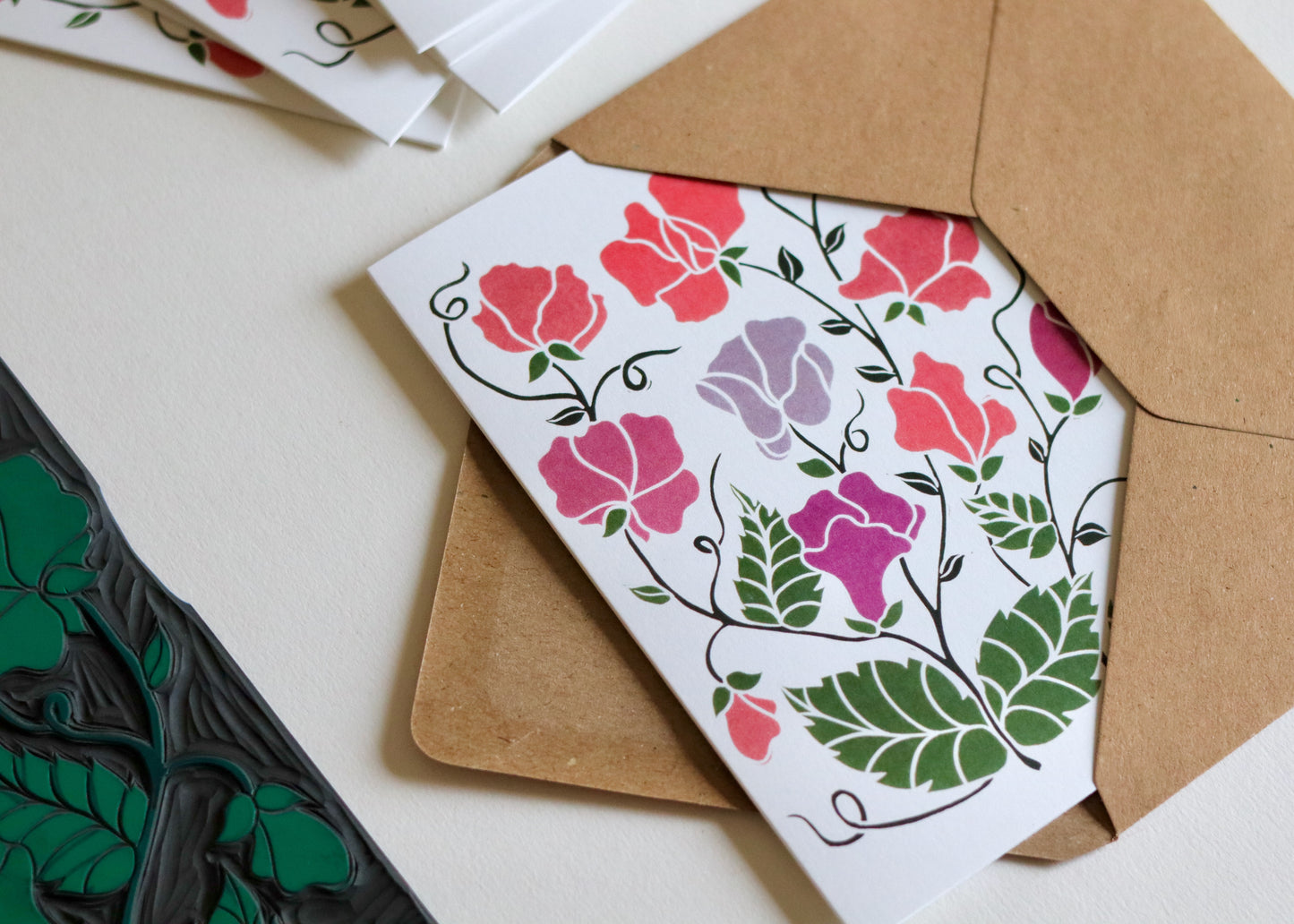 Linocut Joy Bloom Sweet Pea Flower Cards | Set of 8 Notecards & Envelopes