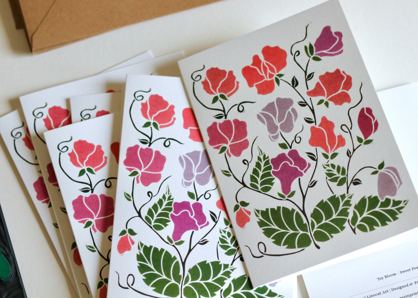 Linocut Joy Bloom Sweet Pea Flower Cards | Set of 8 Notecards & Envelopes