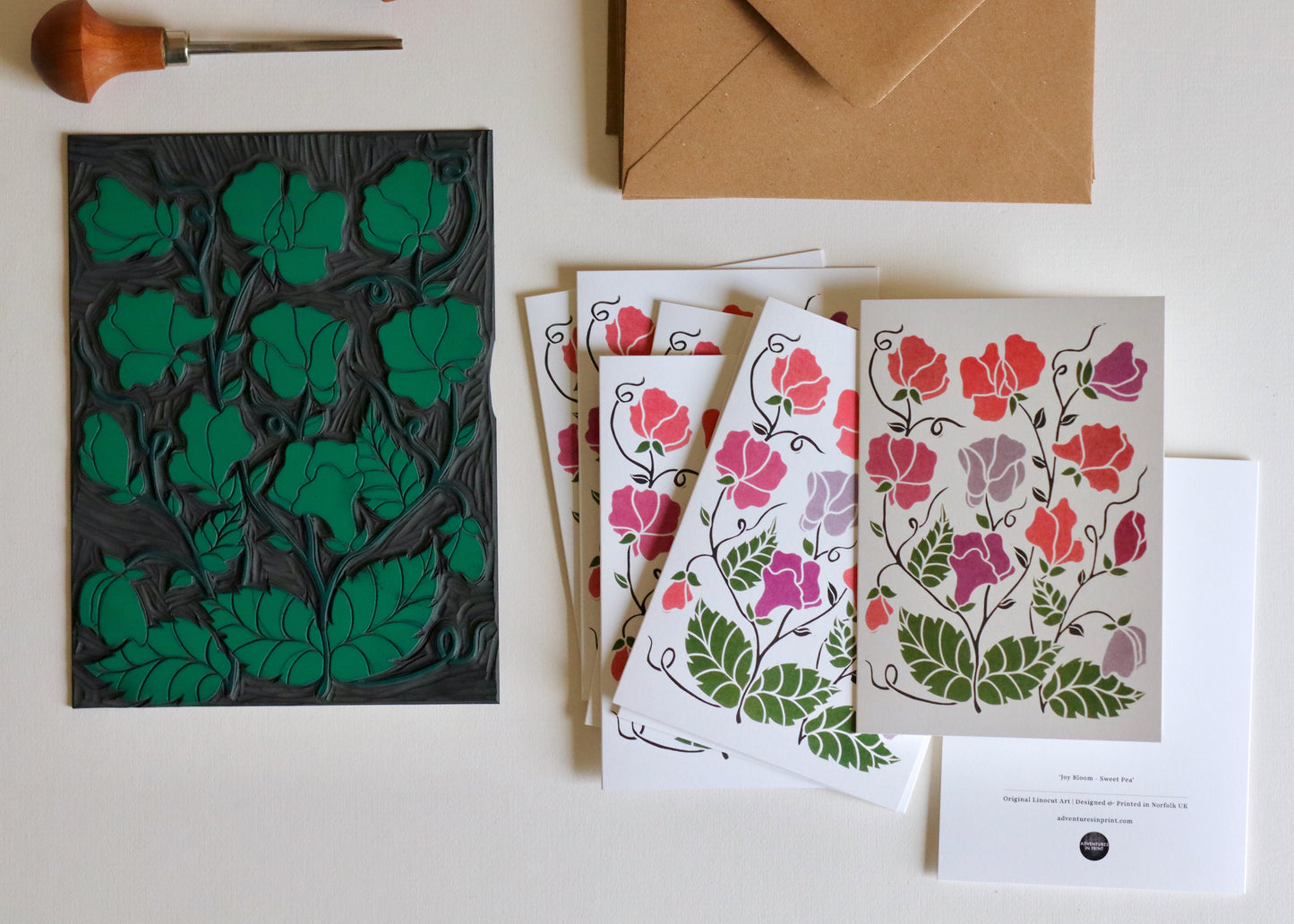 Linocut Joy Bloom Sweet Pea Flower Cards | Set of 8 Notecards & Envelopes