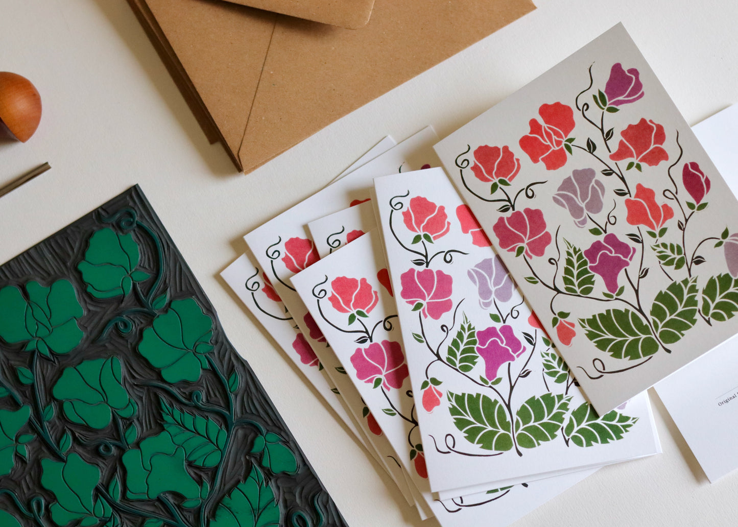 Linocut Joy Bloom Sweet Pea Flower Cards | Set of 8 Notecards & Envelopes