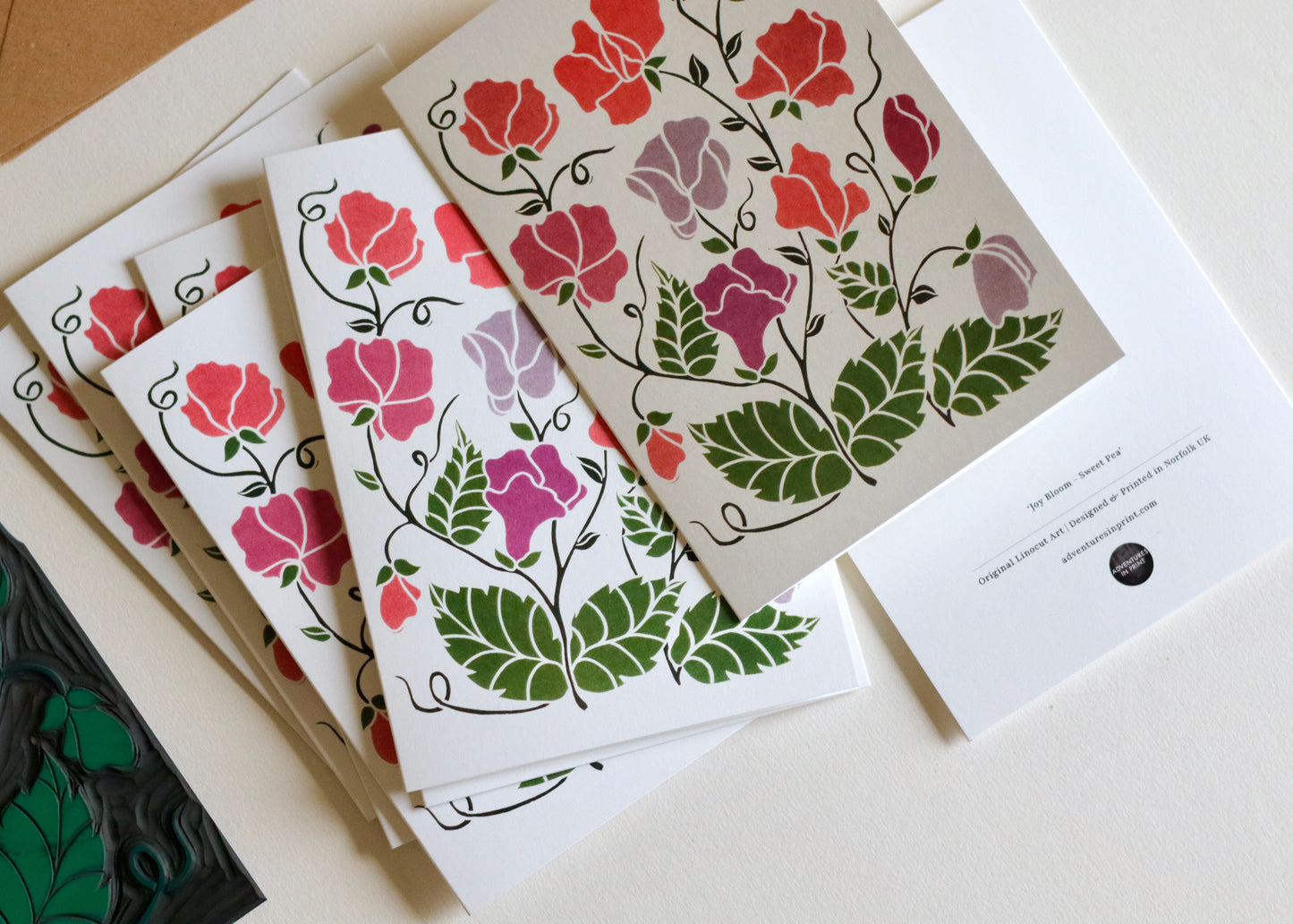 Linocut Joy Bloom Sweet Pea Flower Cards | Set of 8 Notecards & Envelopes