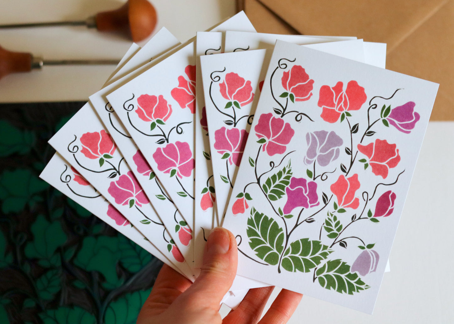 Linocut Joy Bloom Sweet Pea Flower Cards | Set of 8 Notecards & Envelopes