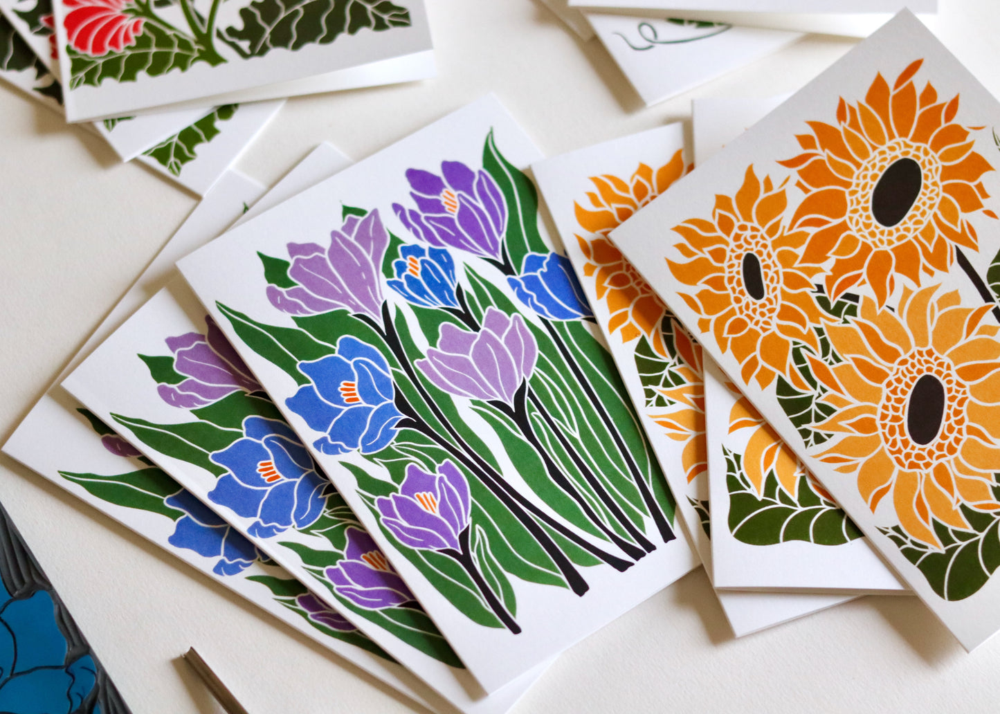 Linocut Joy Bloom Flower Notecards | Set of 12 Notecards & Envelopes