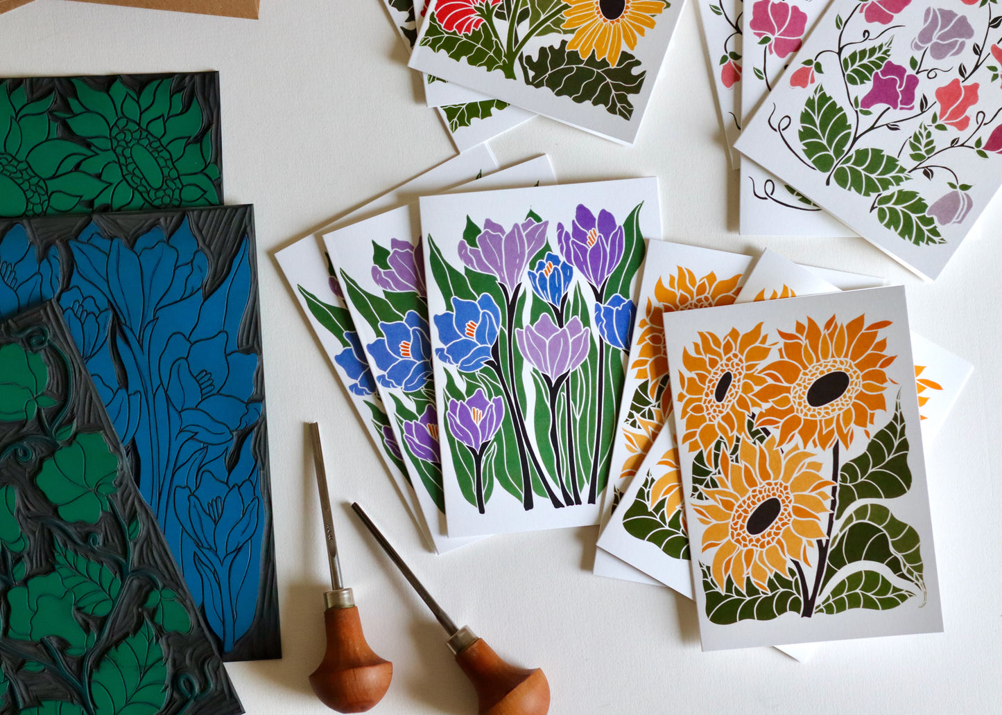 Linocut Joy Bloom Flower Notecards | Set of 12 Notecards & Envelopes