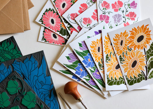 Linocut Joy Bloom Flower Notecards | Set of 12 Notecards & Envelopes